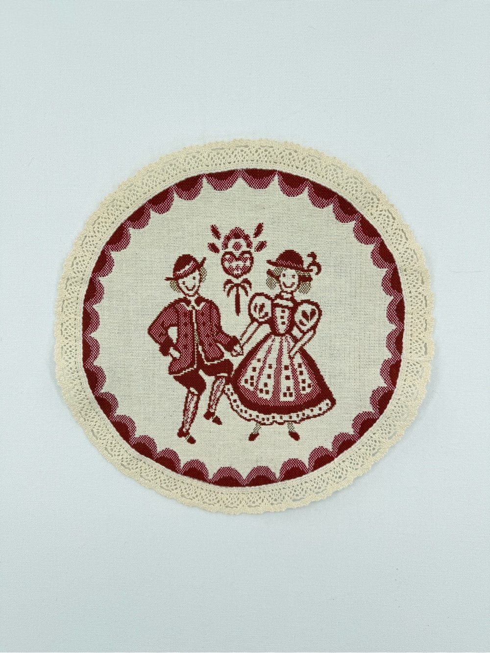 Vintage Austrian Folk Art Round Table Doily Red Cream Alpine Lace Trim